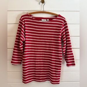 LL Bean LARGE Heritage Mariner Boat Neck Red Striped Top 3/4 Sleeve Nautical